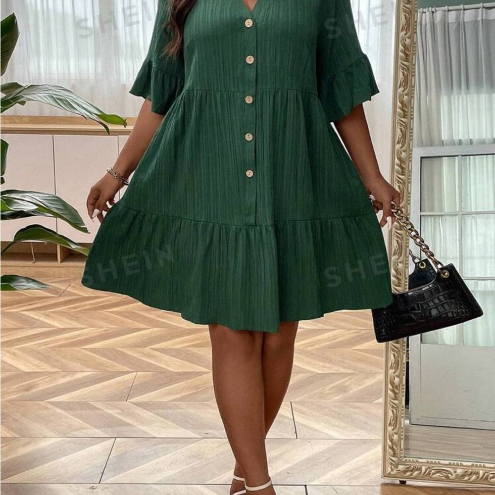 🆕 Flounce Sleeve Ruffle Hem Smock Dress- 14/1XL