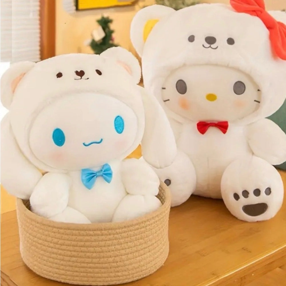 Adorable White Plush Bear and Cat Toy Set