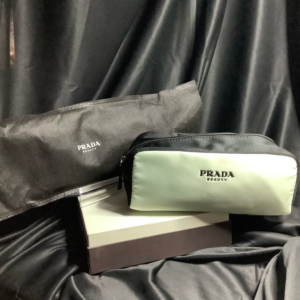 PRADA BEAUTY POUCH AND DUST BAG MINT GREEN AND BLACK  7.5L X 4D X 3.25TALL