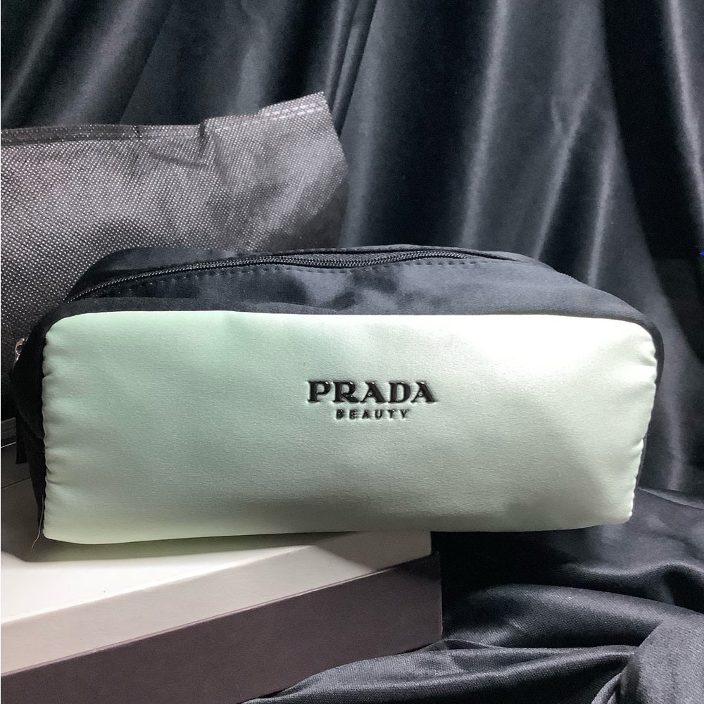 PRADA BEAUTY POUCH AND DUST BAG MINT GREEN AND BLACK  7.5L X 4D X 3.25TALL