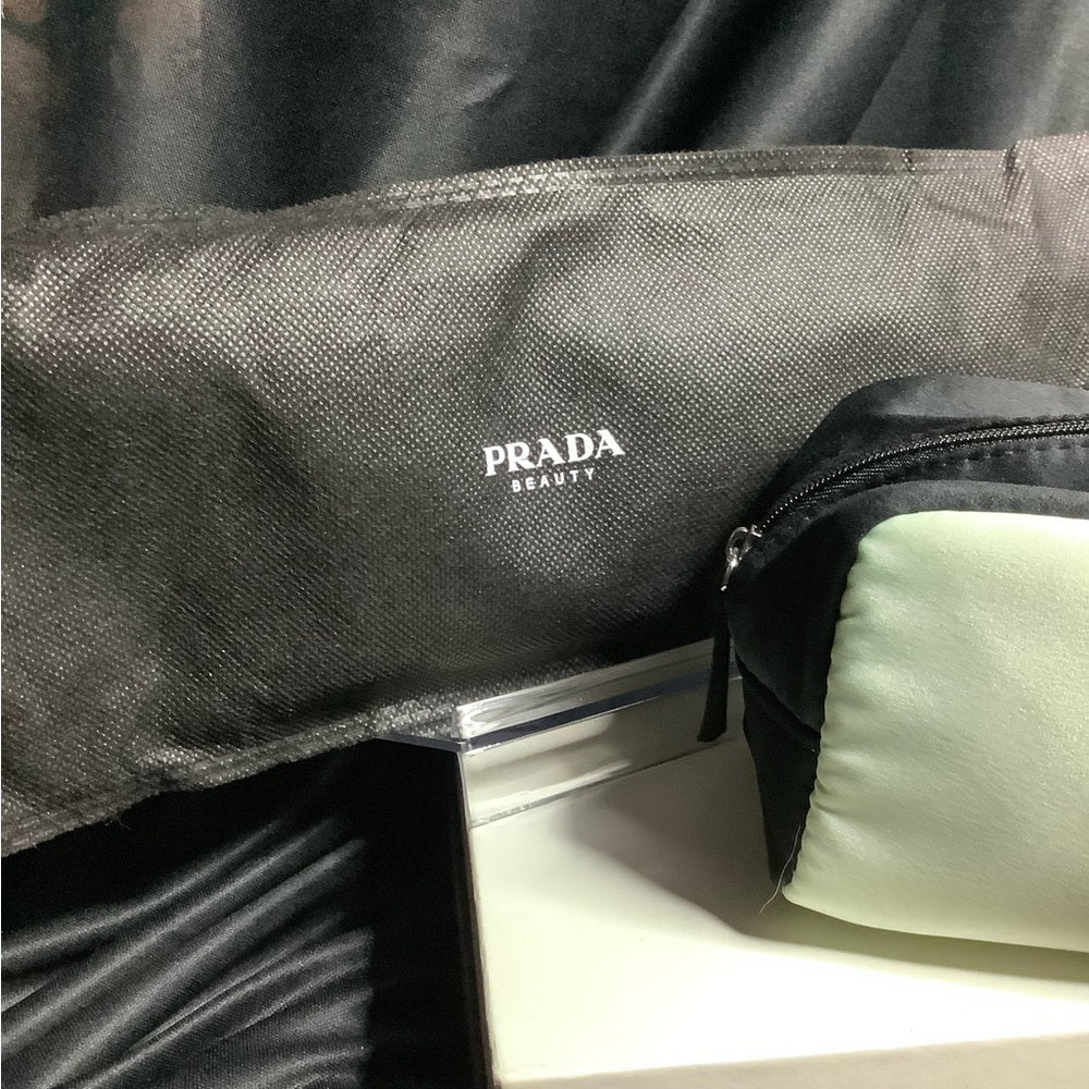 PRADA BEAUTY POUCH AND DUST BAG MINT GREEN AND BLACK  7.5L X 4D X 3.25TALL