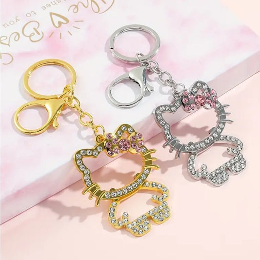 Gold Hello Kitty Keychain with Pink Bow 🎀  and Rhinestones