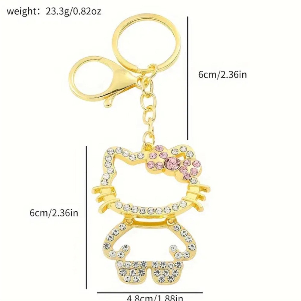Gold Hello Kitty Keychain with Pink Bow 🎀  and Rhinestones