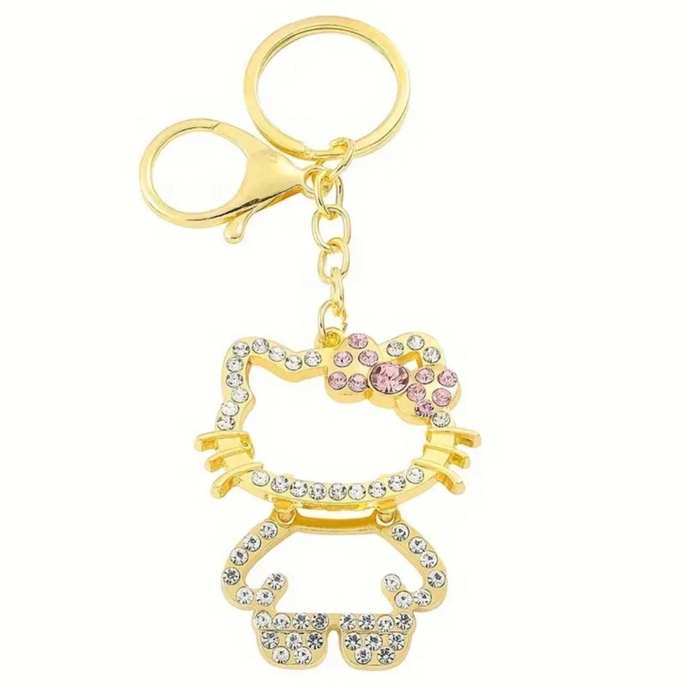 Gold Hello Kitty Keychain with Pink Bow 🎀  and Rhinestones