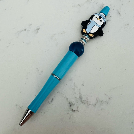 Penguin Themed Blue Beaded Pen